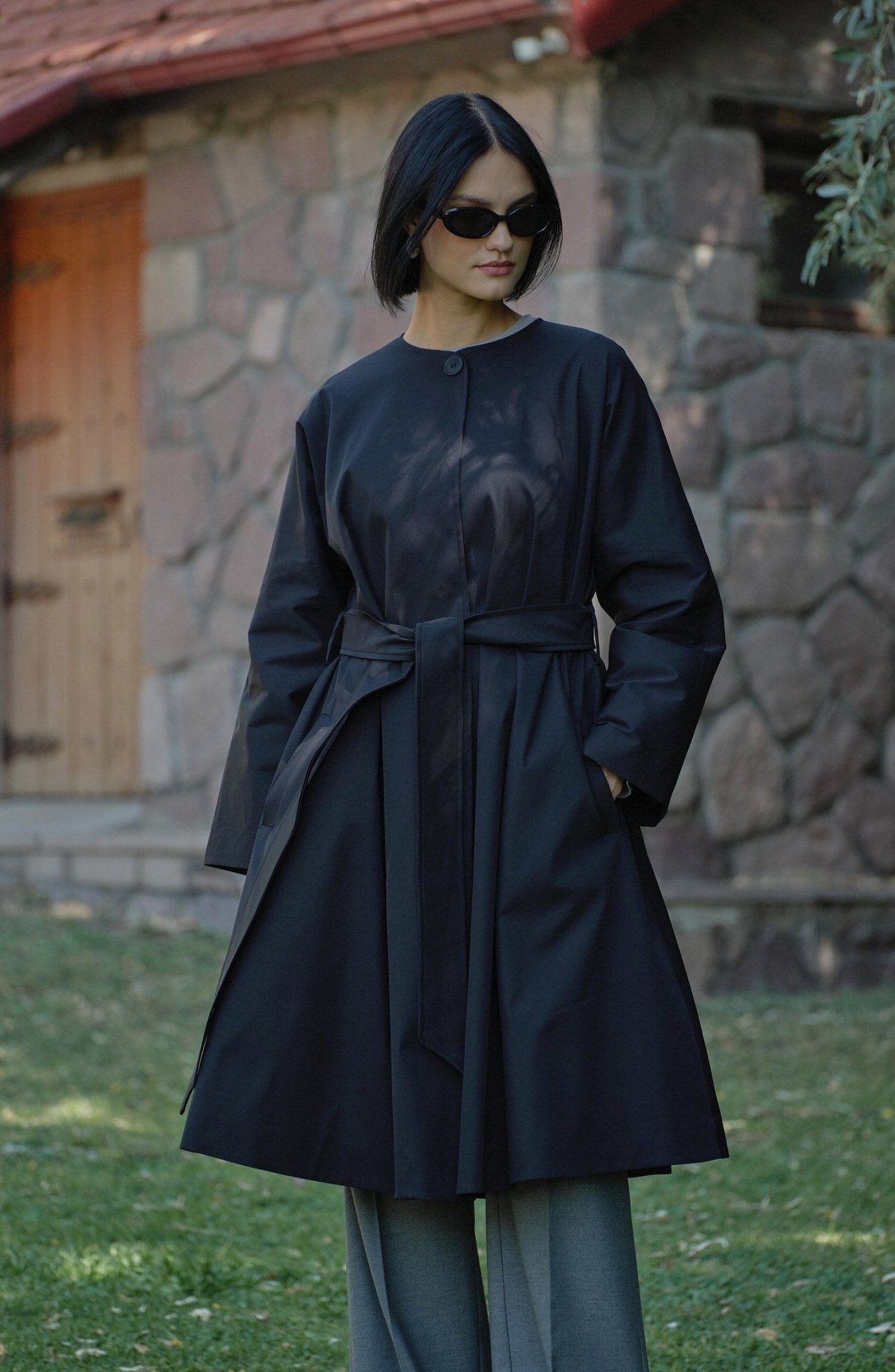Premium Siyah Pelerin Trençkot - Fatma Atasoy