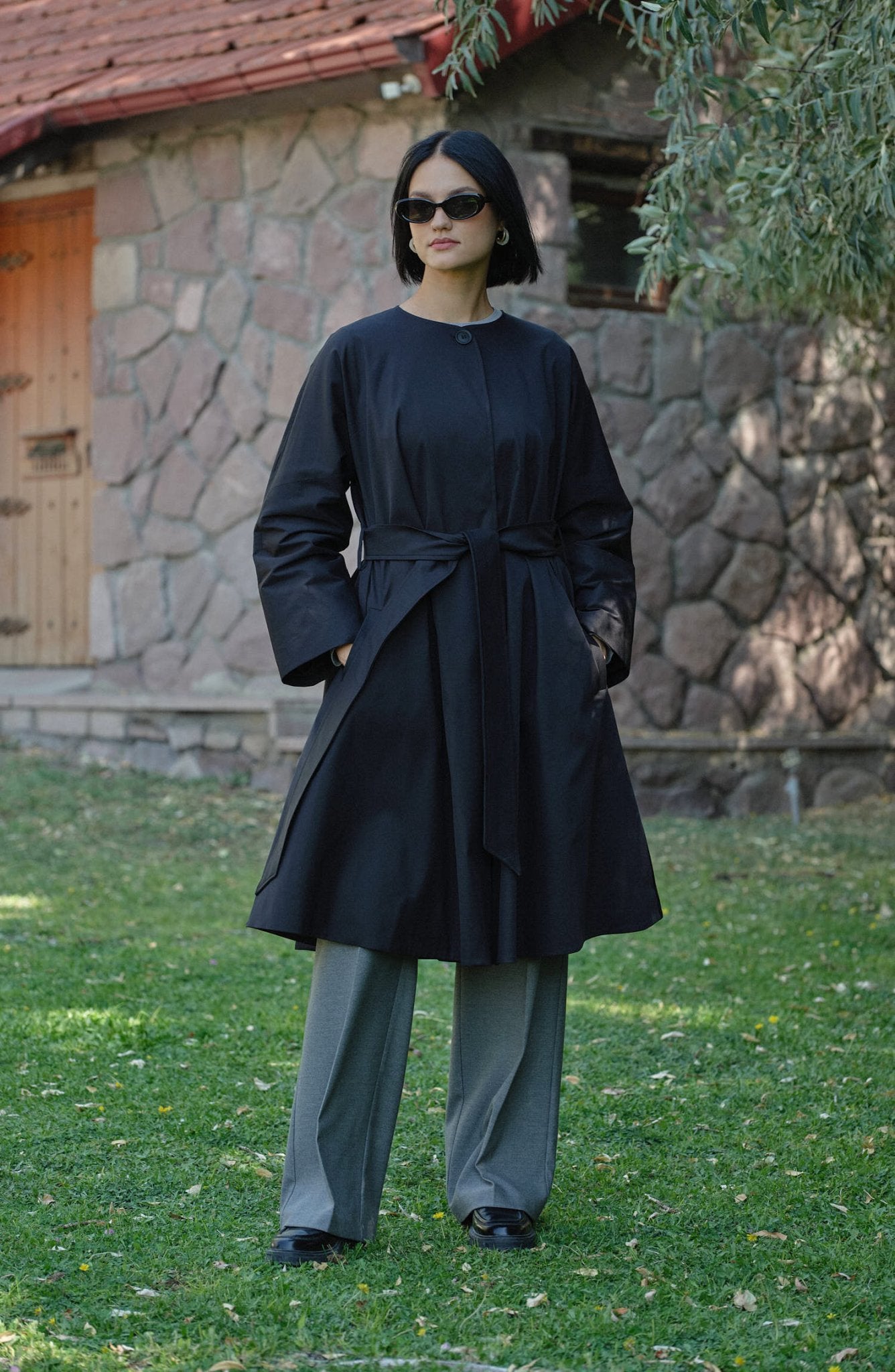 Premium Siyah Pelerin Trençkot - Fatma Atasoy