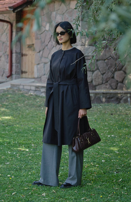 Premium Siyah Pelerin Trençkot - Fatma Atasoy