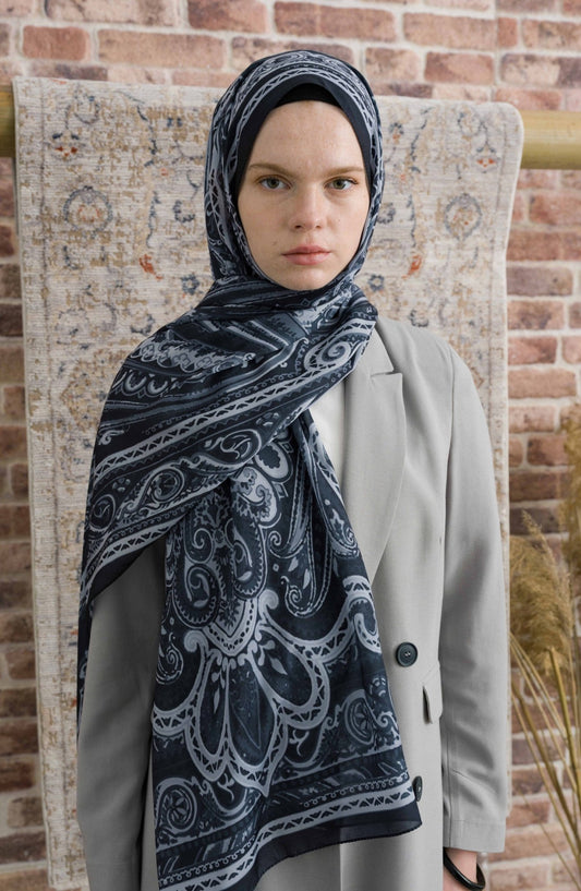 Presya Siyah Etnik Desenli Şal - Fatma Atasoy