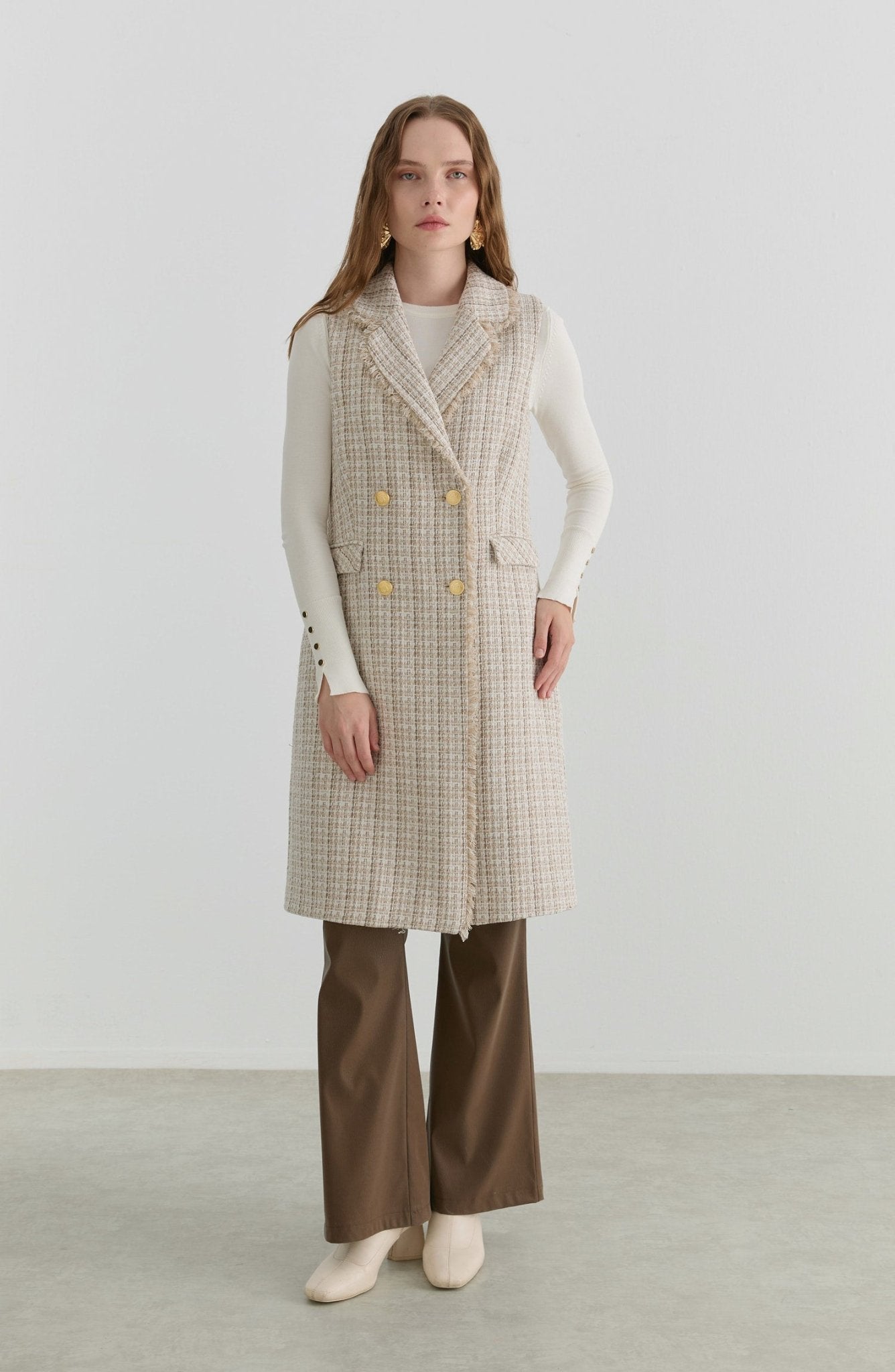 Püsküllü Sütlü Kahve Tüvit Yelek - Fatma Atasoy