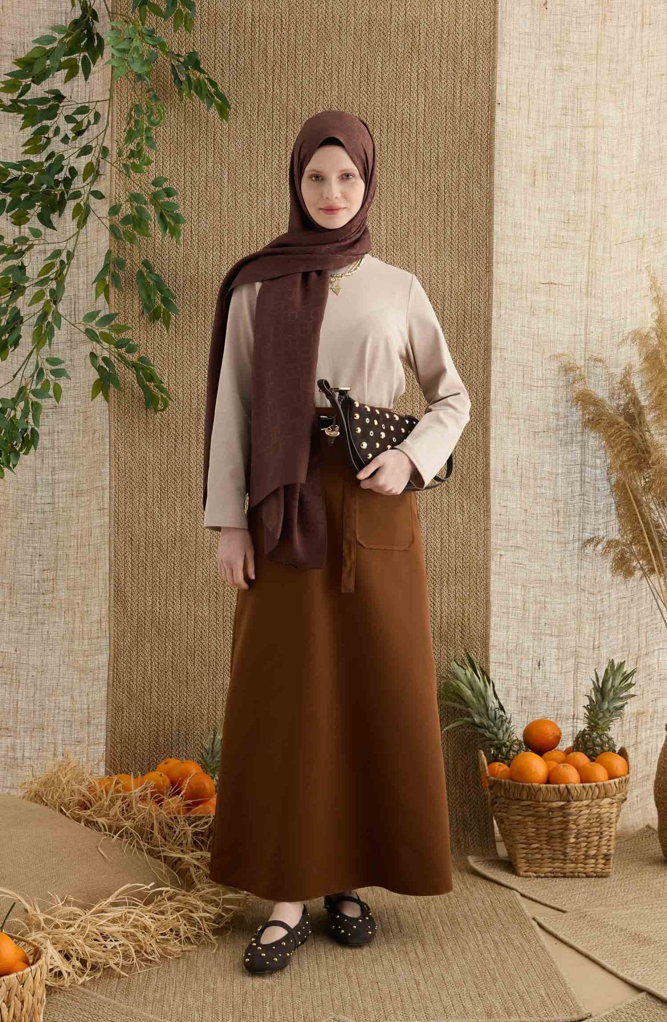 Ring Acı Kahve Jakarlı Şal - Fatma Atasoy