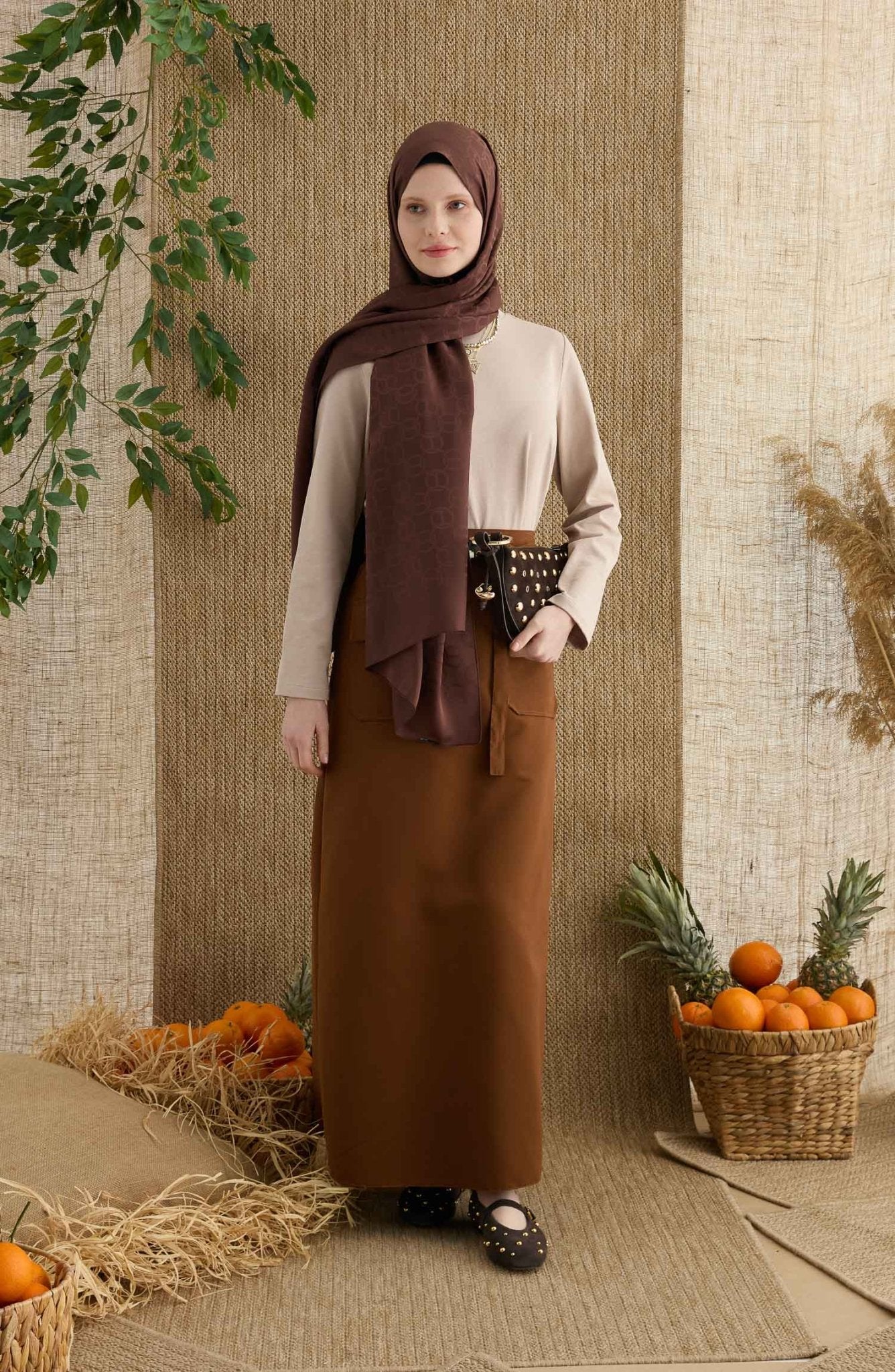 Ring Acı Kahve Jakarlı Şal - Fatma Atasoy