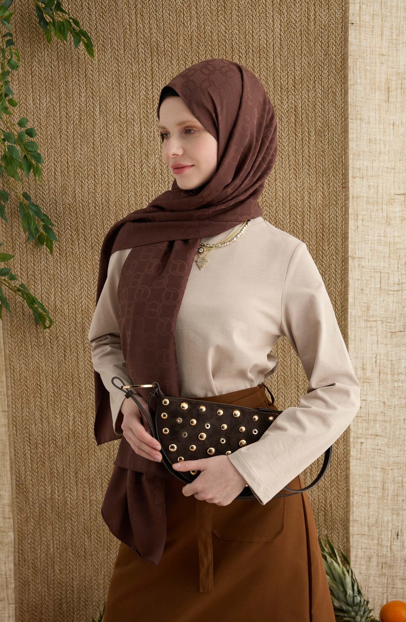 Ring Acı Kahve Jakarlı Şal - Fatma Atasoy