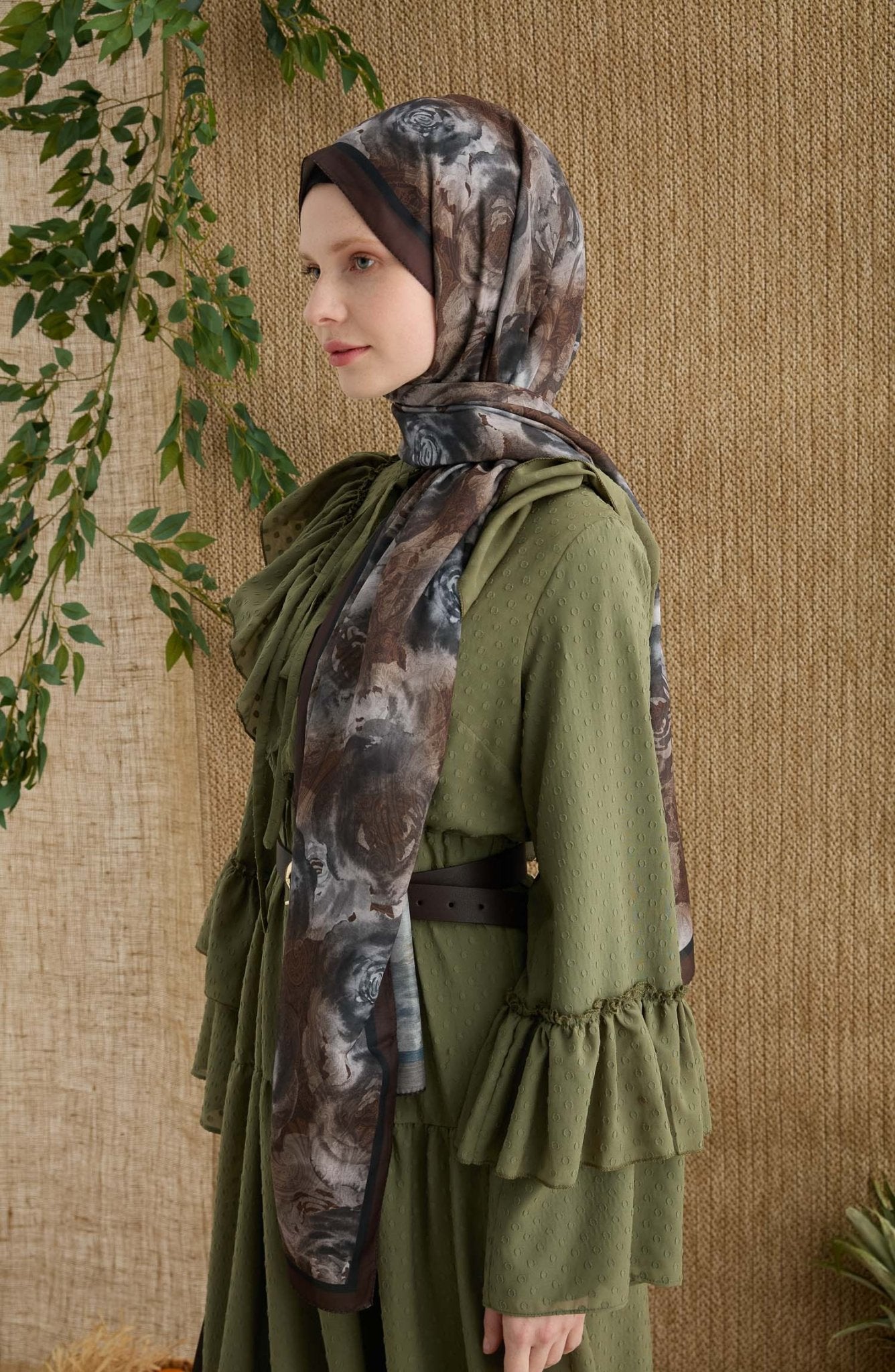 Rose Acı Kahve Desenli Şal - Fatma Atasoy