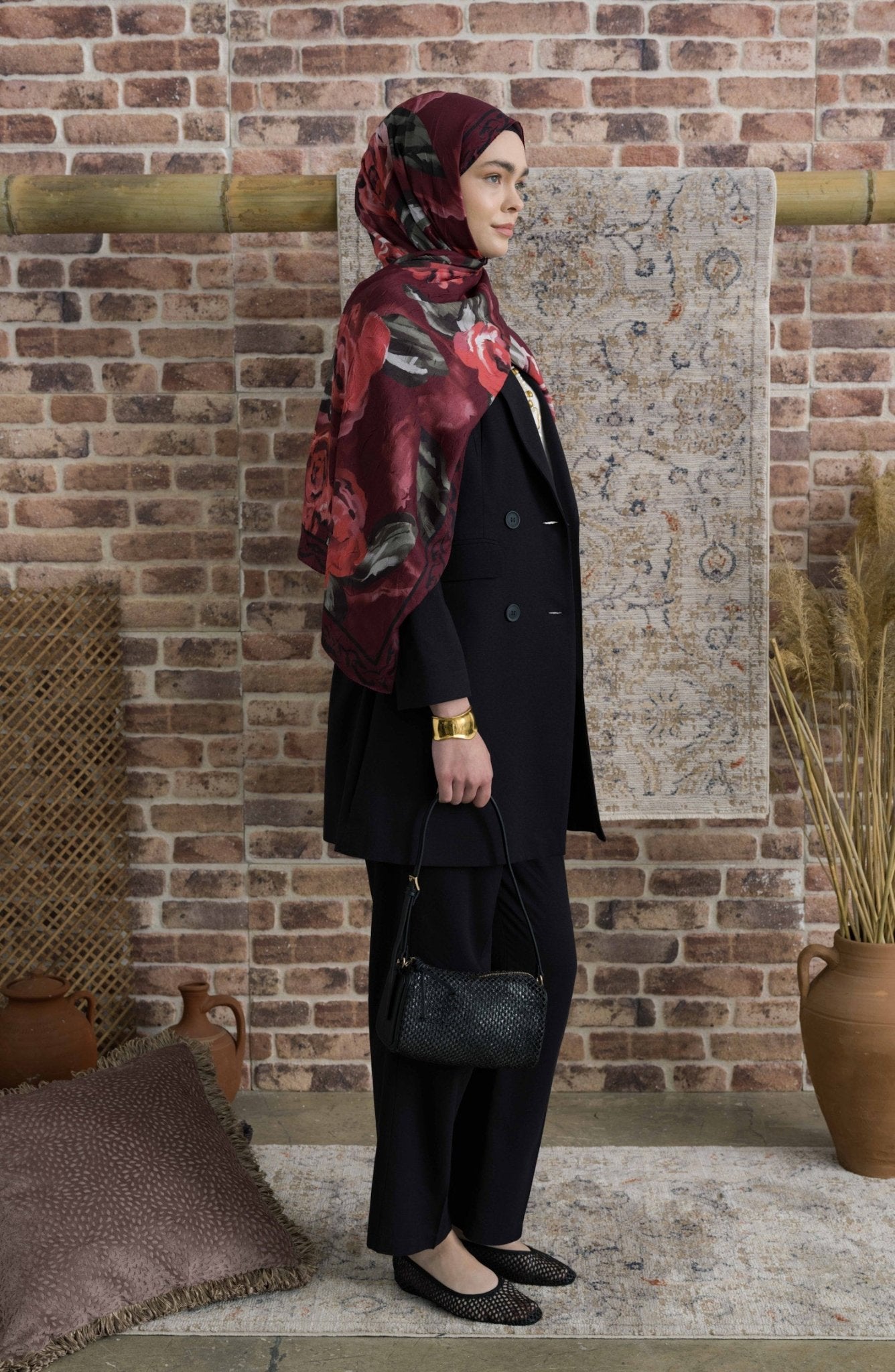 Rose Desenli Bordo Crash Şal - Fatma Atasoy