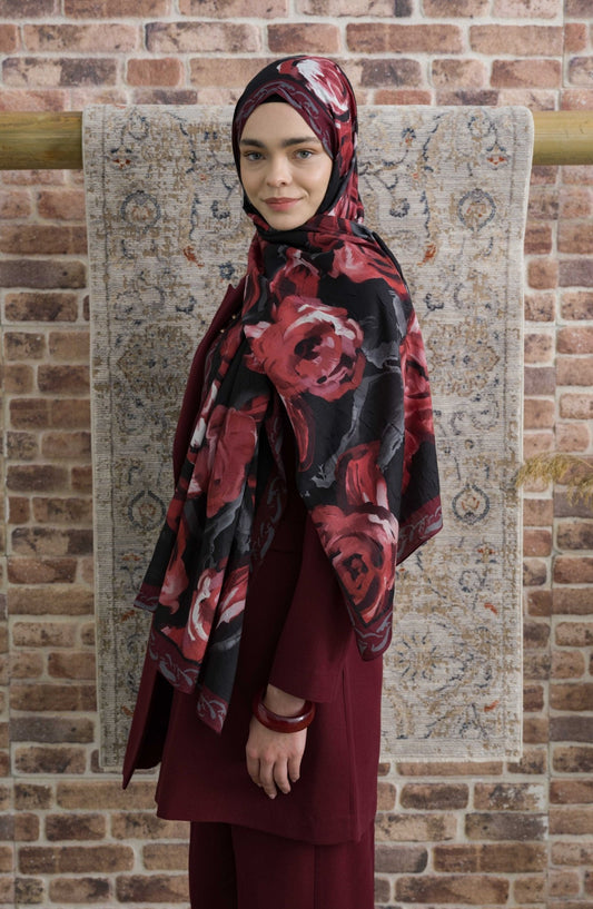 Rose Desenli Siyah Bordo Crash Şal - Fatma Atasoy