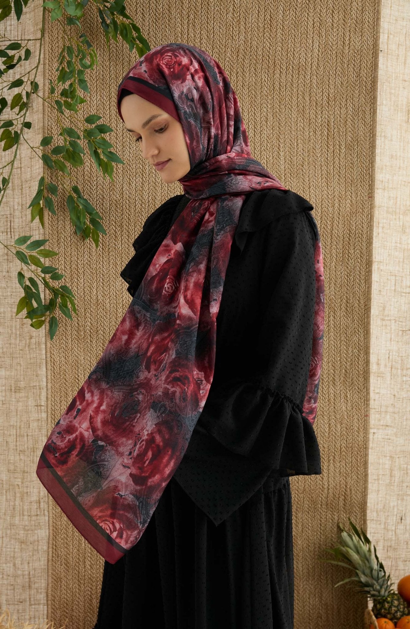 Rose Kırmızı Desenli Şal - Fatma Atasoy