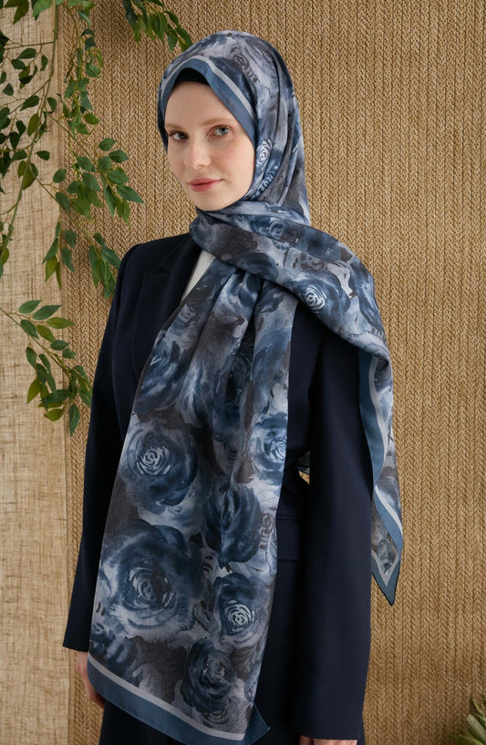 Rose Mavi Desenli Şal - Fatma Atasoy