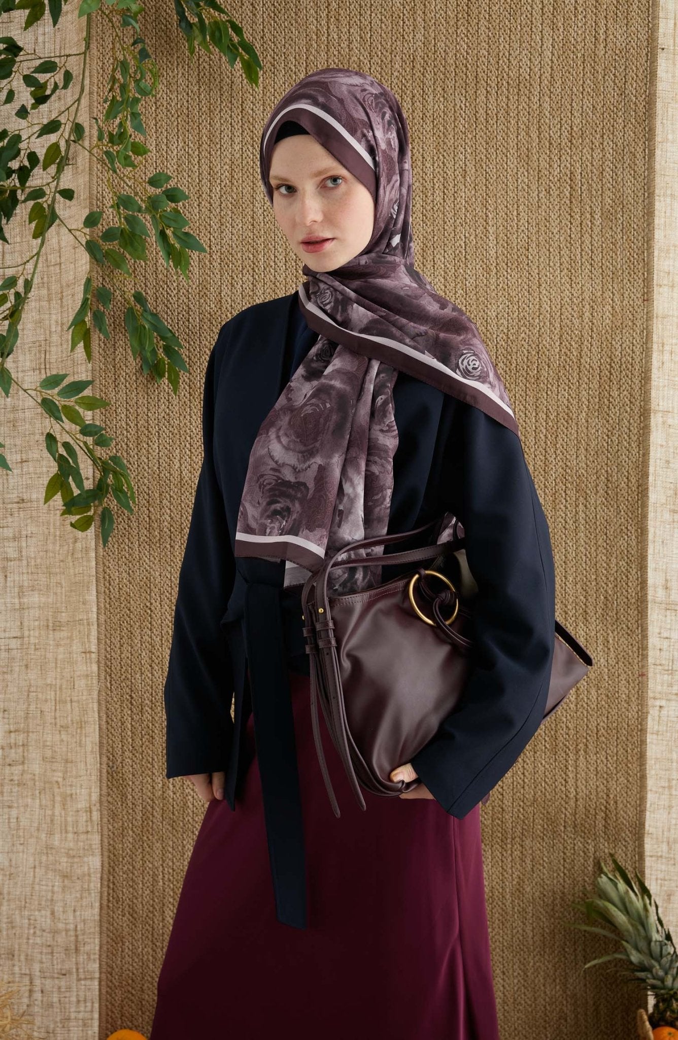 Rose Mürdüm Desenli Şal - Fatma Atasoy