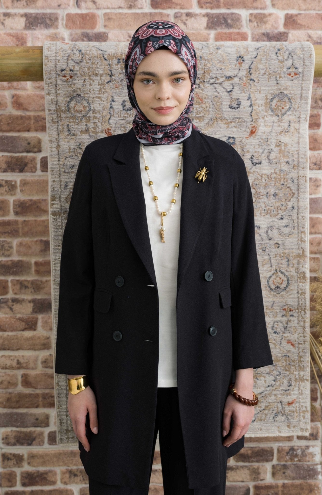 Royadia Siyah Bordo Etnik Desenli Eşarp - Fatma Atasoy