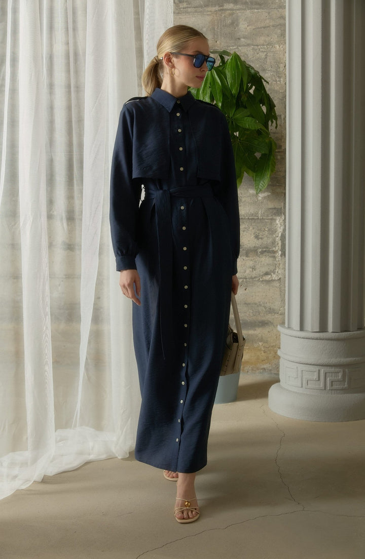 Rüzgarlıklı Giy - Çık Lacivert Rayon Trenç Elbise - Fatma Atasoy