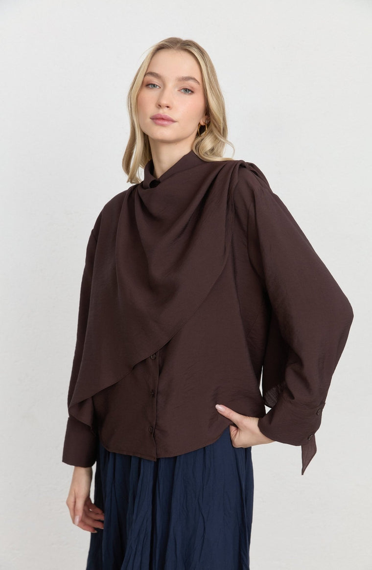 Şal Detaylı Acı Kahve Rayon Gömlek - Fatma Atasoy