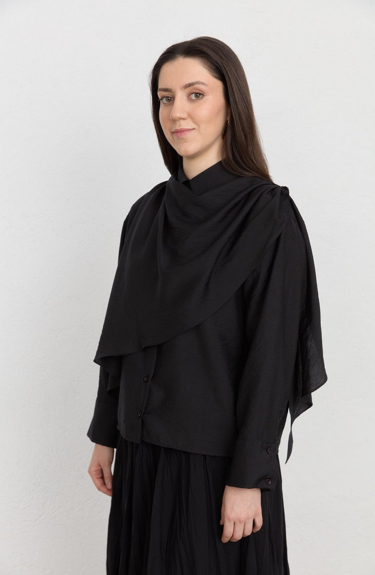 Şal Detaylı Siyah Rayon Gömlek - Fatma Atasoy