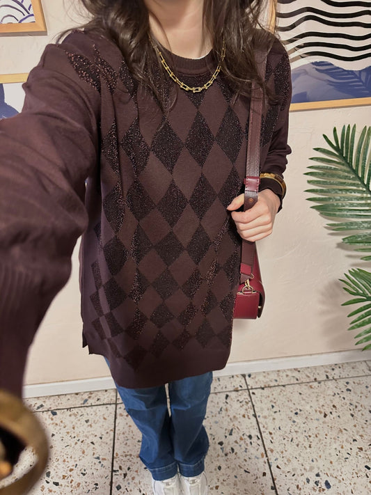 Simli Baklava Desen Acı Kahve Merserize Kazak - Fatma Atasoy