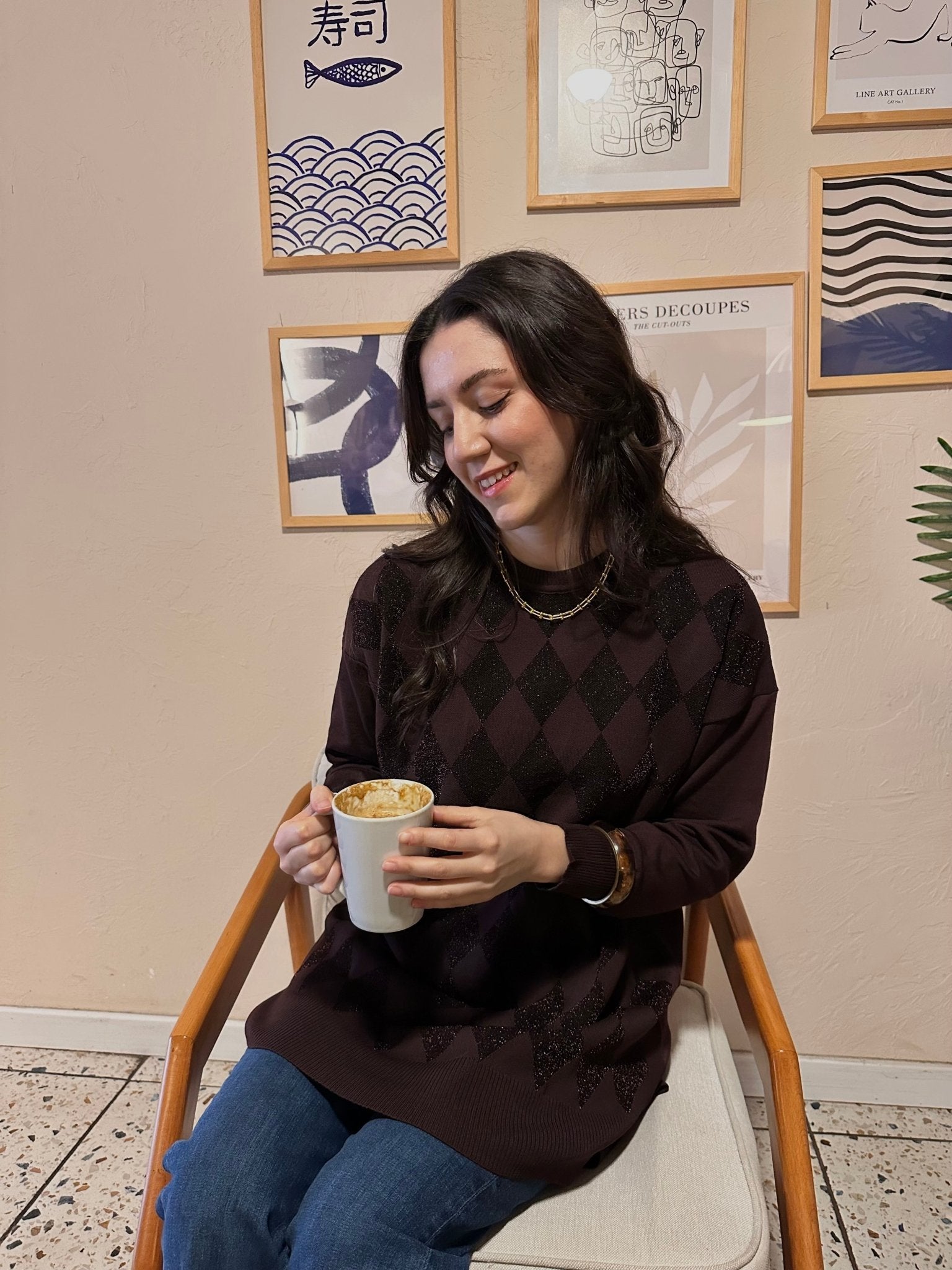 Simli Baklava Desen Acı Kahve Merserize Kazak - Fatma Atasoy