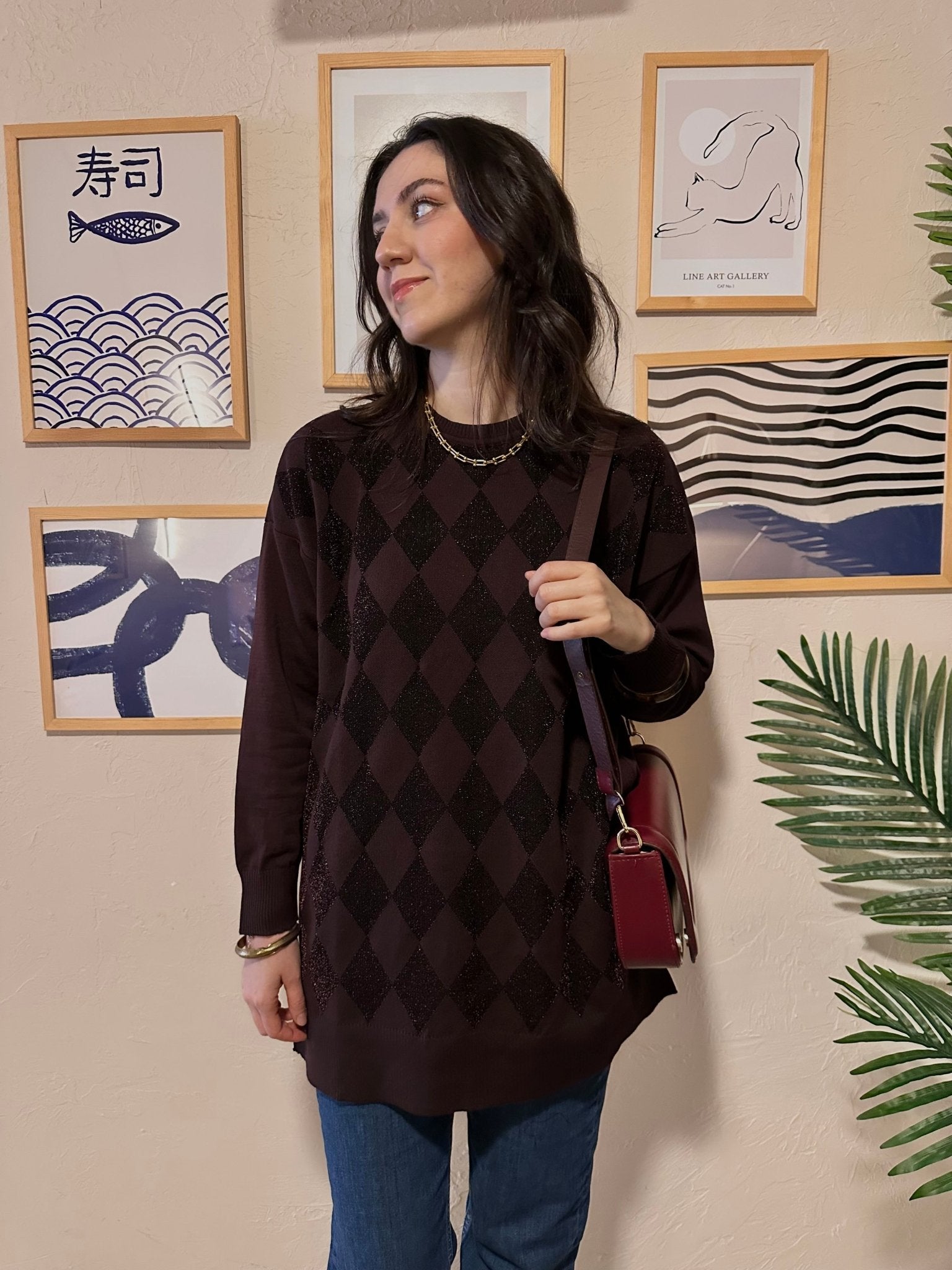 Simli Baklava Desen Acı Kahve Merserize Kazak - Fatma Atasoy