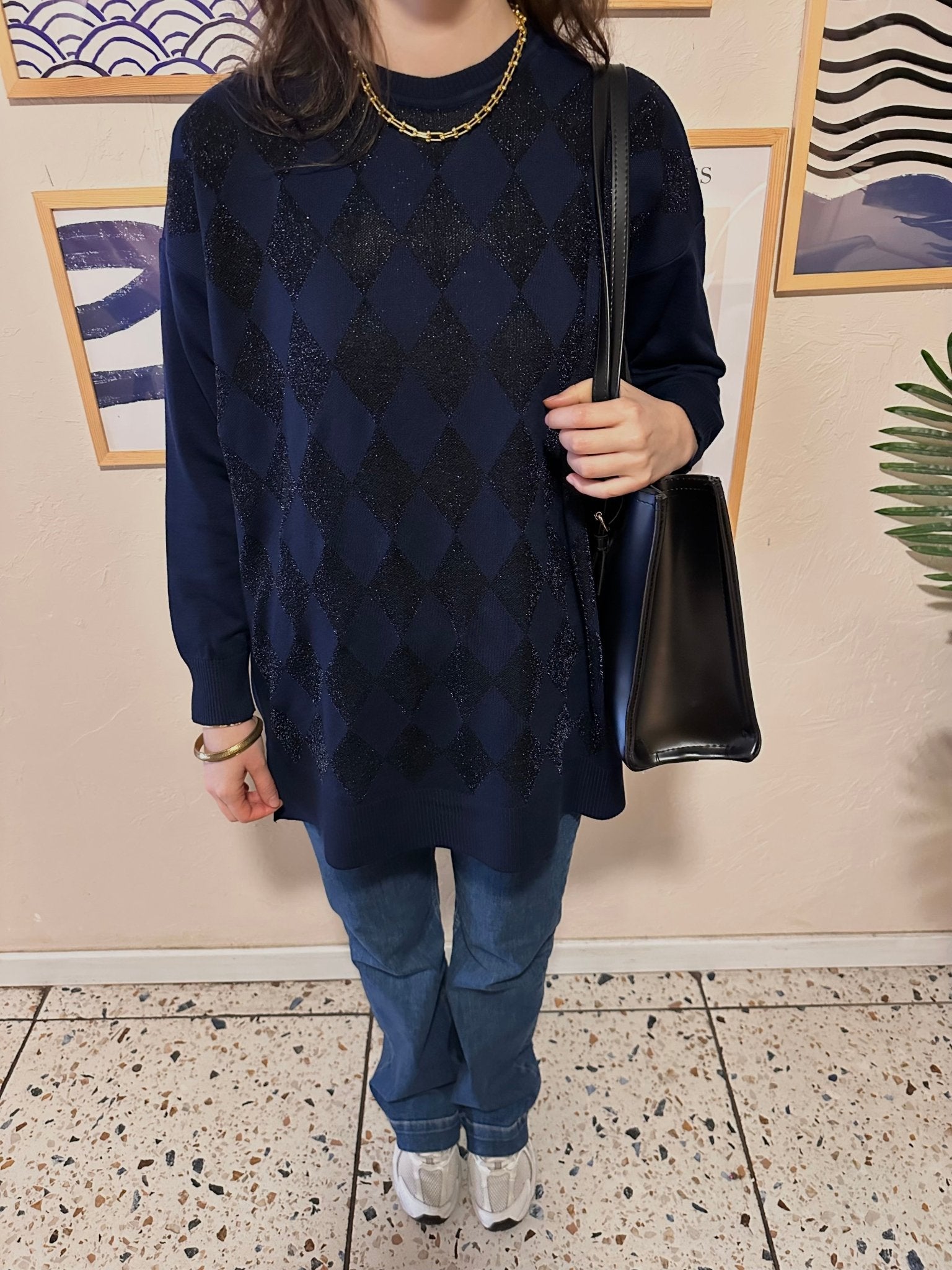 Simli Baklava Desen Lacivert Merserize Kazak - Fatma Atasoy