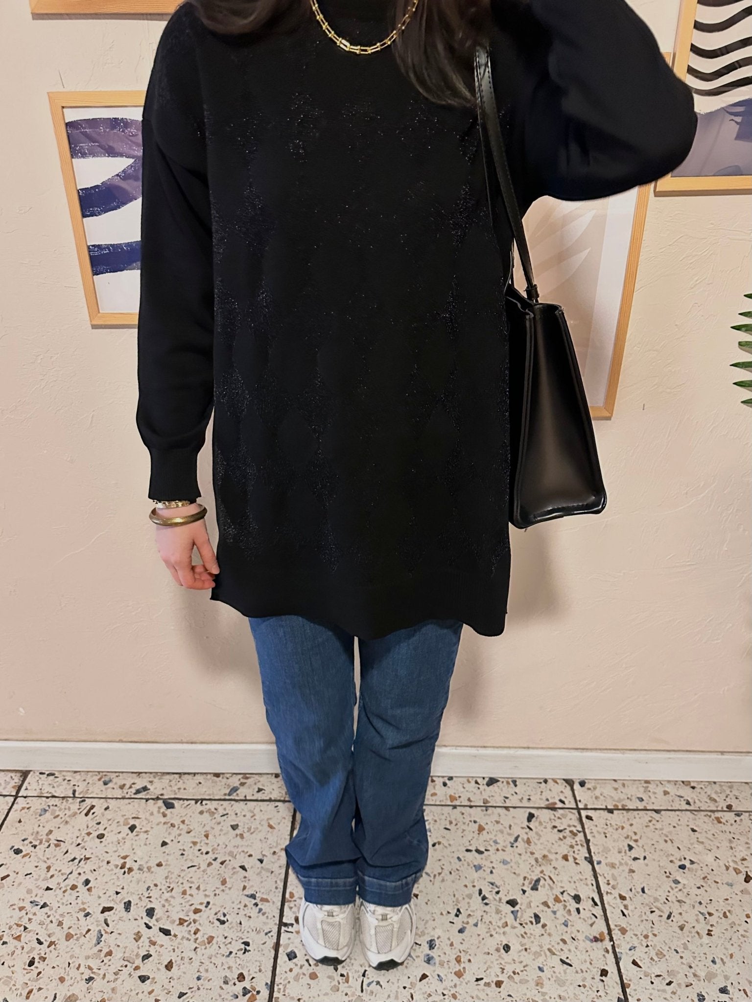 Simli Baklava Desen Siyah Merserize Kazak - Fatma Atasoy