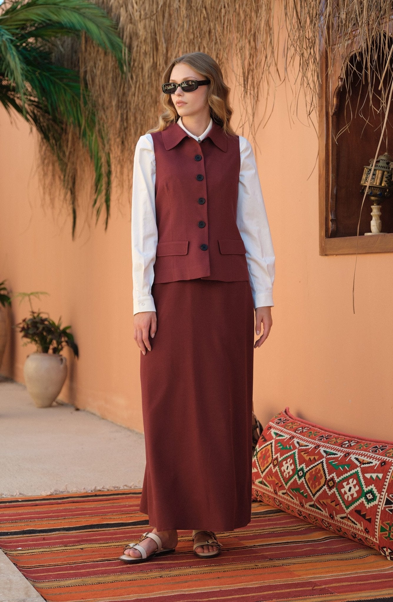 Tek Sıra Düğmeli Bordo Keten Yelek - Fatma Atasoy