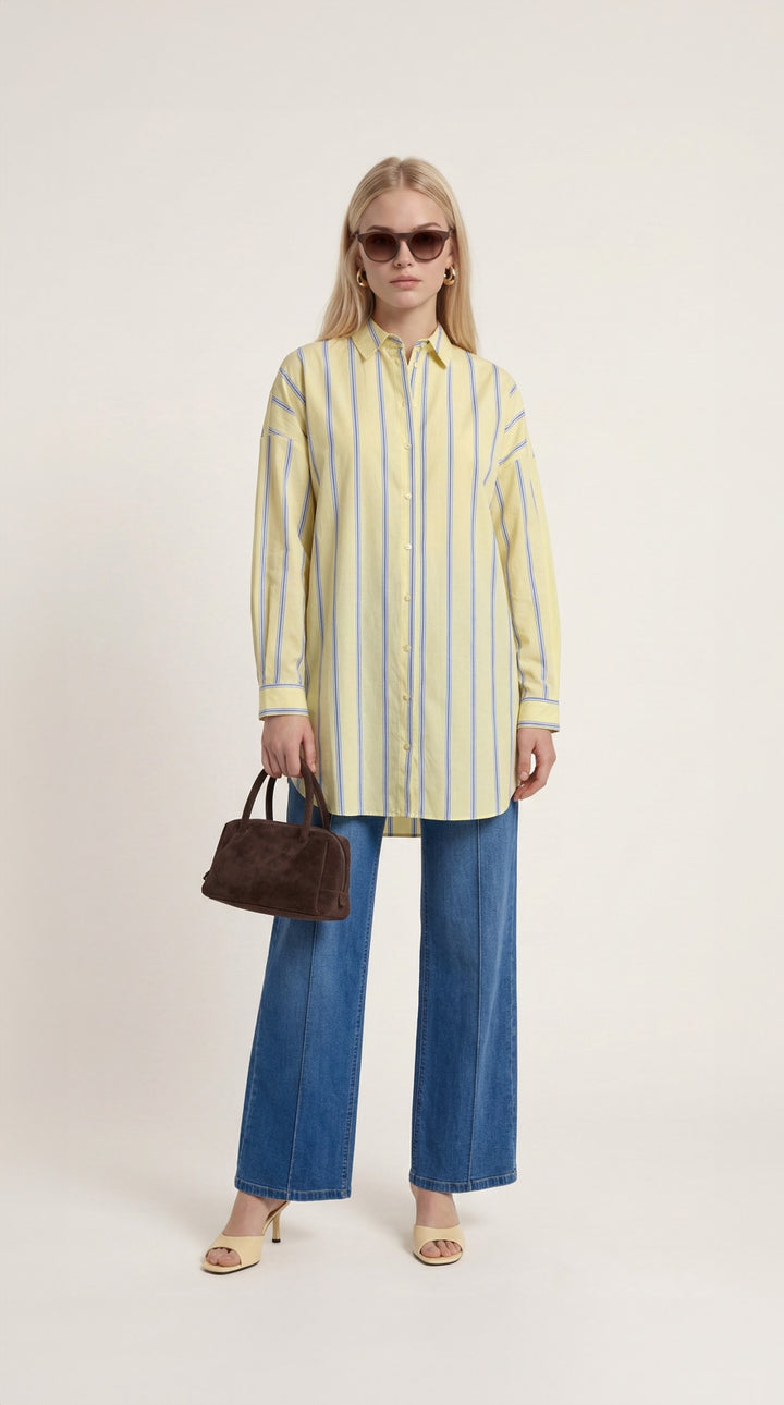 Basic Sarı Çizgili Oversize Pamuk Gömlek