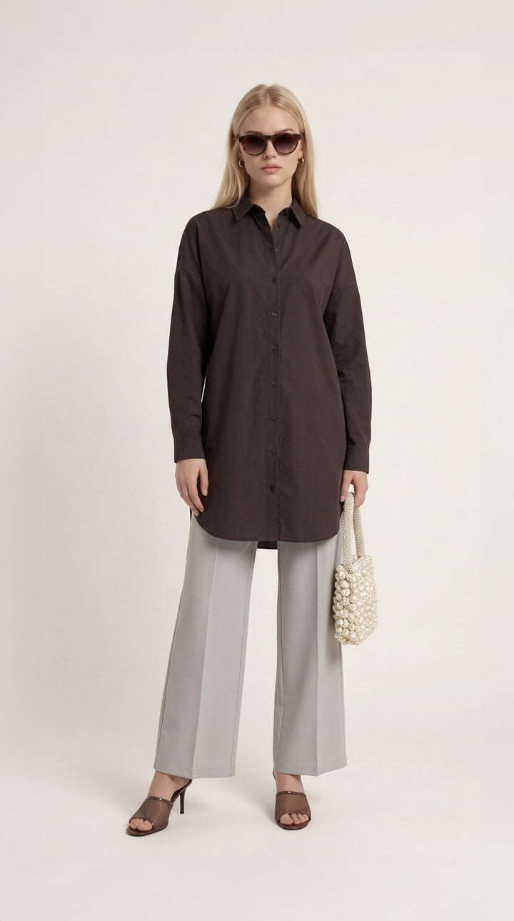 Basic Acı Kahve Oversize Pamuk Gömlek