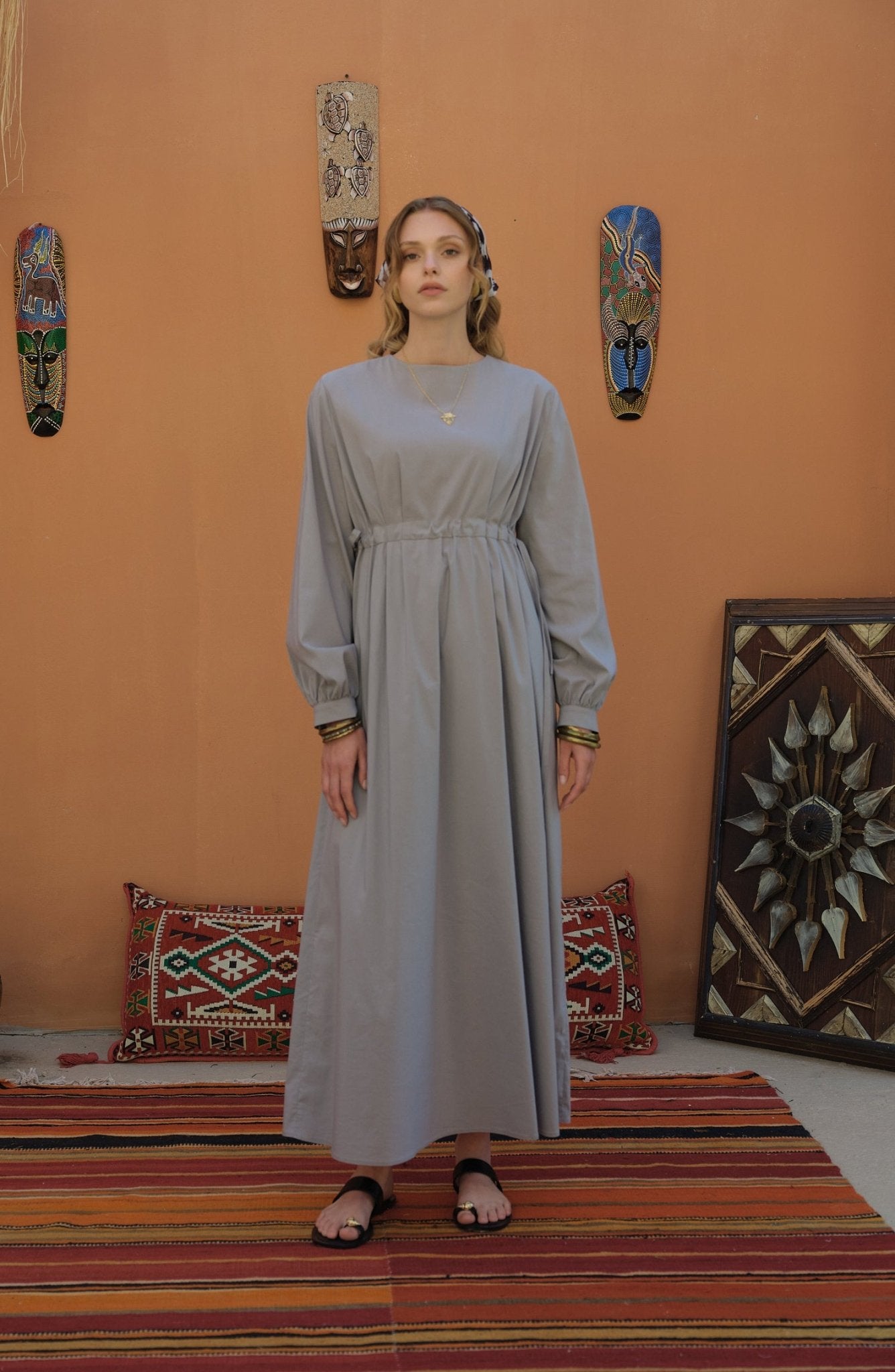 Tünel Büzgülü Gri Pamuk Elbise - Fatma Atasoy