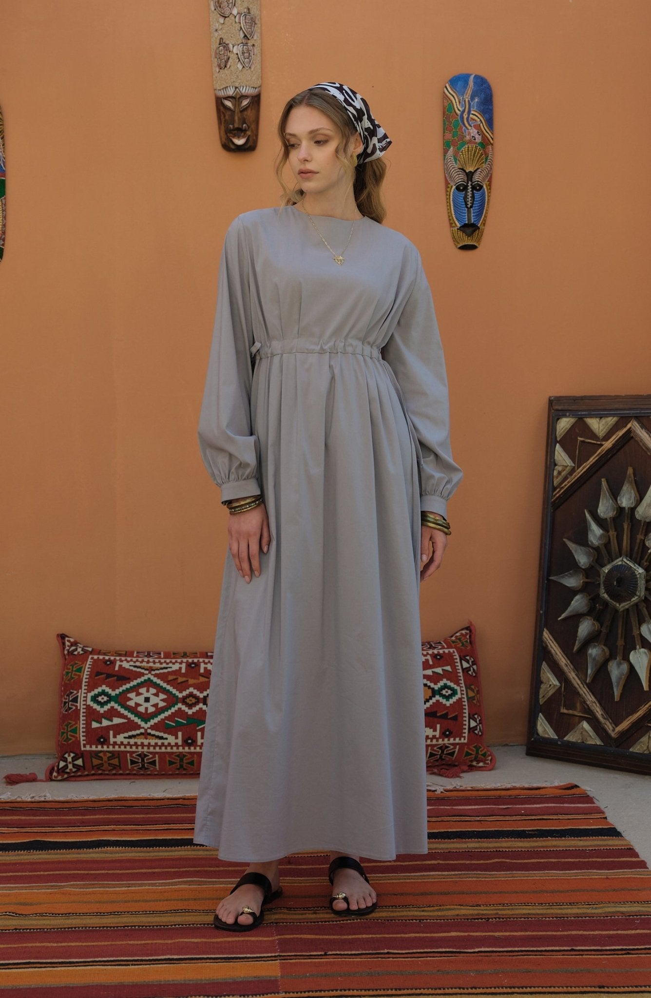 Tünel Büzgülü Gri Pamuk Elbise - Fatma Atasoy