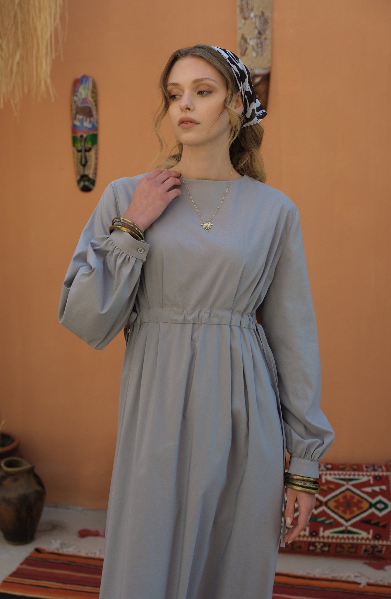 Tünel Büzgülü Gri Pamuk Elbise - Fatma Atasoy