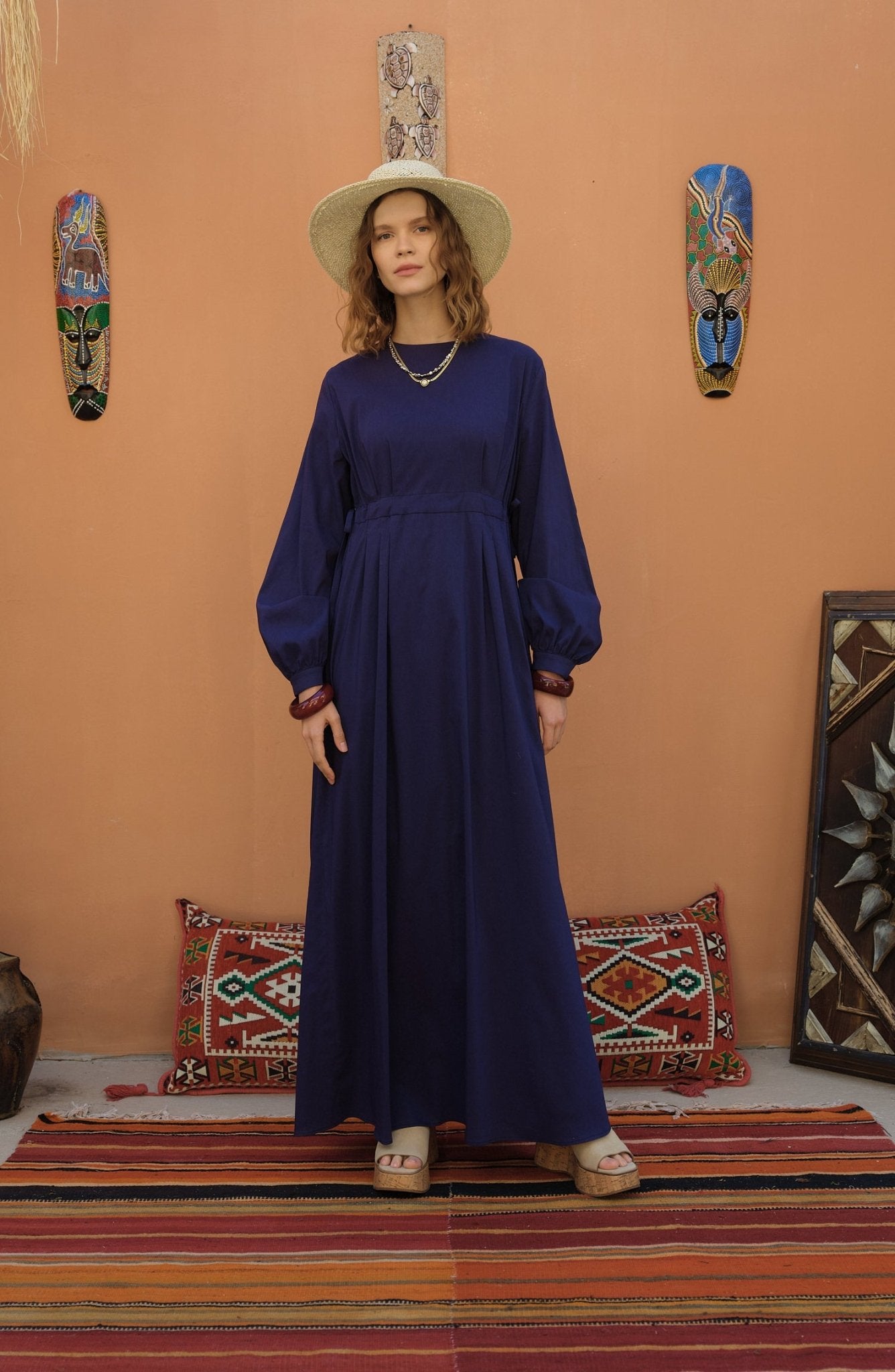 Tünel Büzgülü Lacivert Pamuk Elbise - Fatma Atasoy