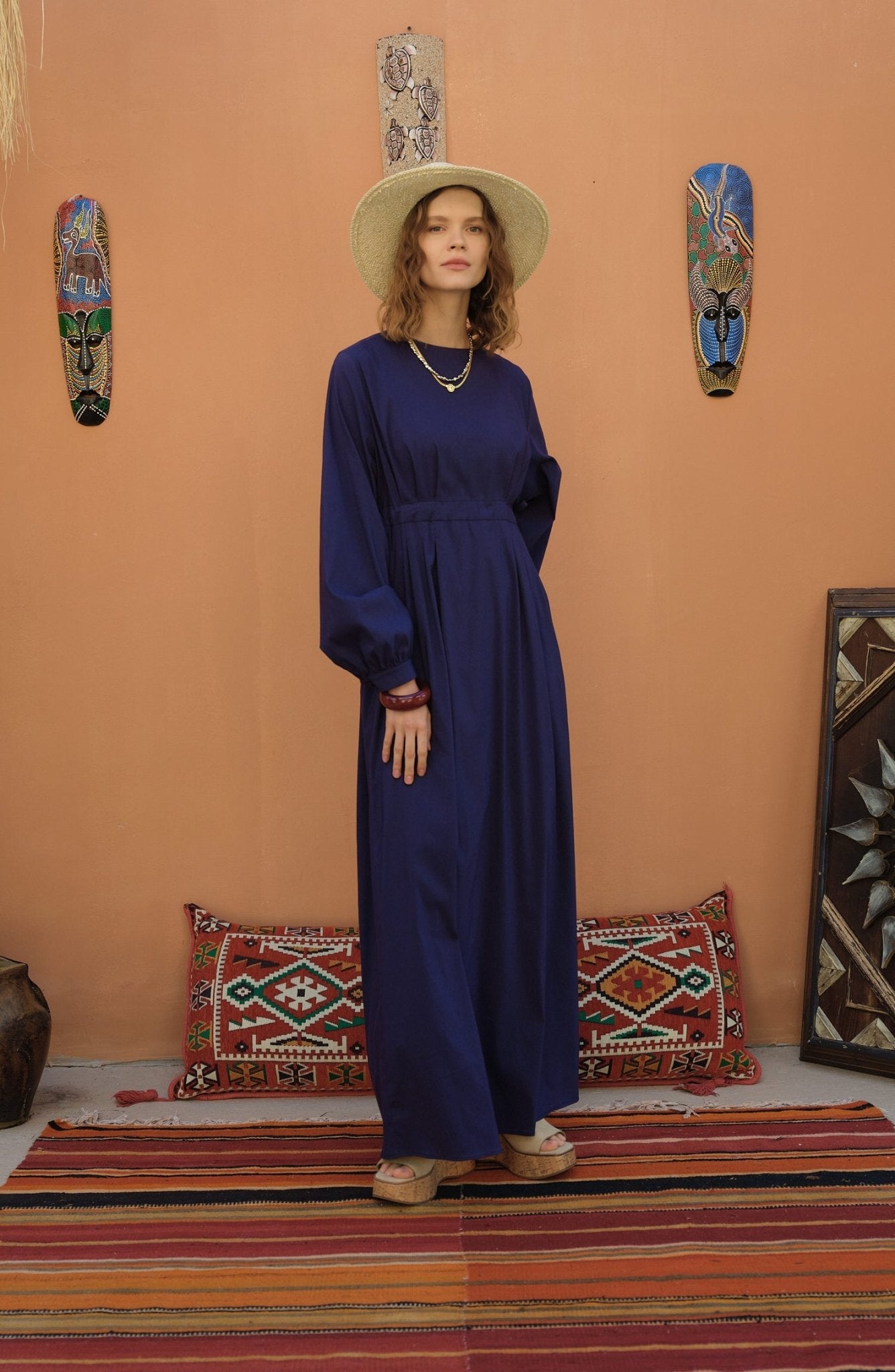 Tünel Büzgülü Lacivert Pamuk Elbise - Fatma Atasoy
