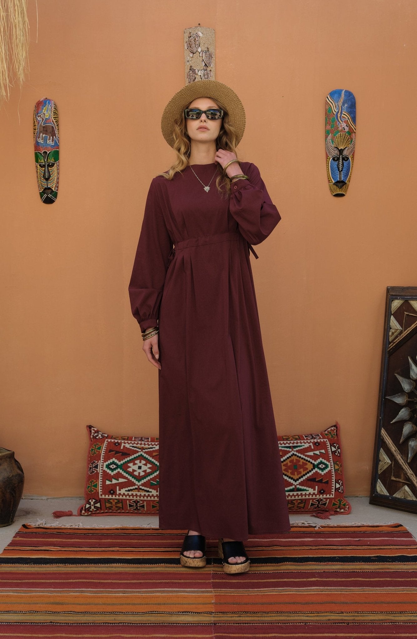 Tünel Büzgülü Vişne Pamuk Elbise - Fatma Atasoy
