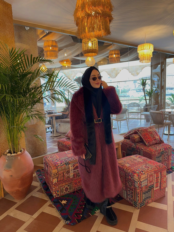 Tüylü Bordo Maksi Kürk Kaban - Fatma Atasoy