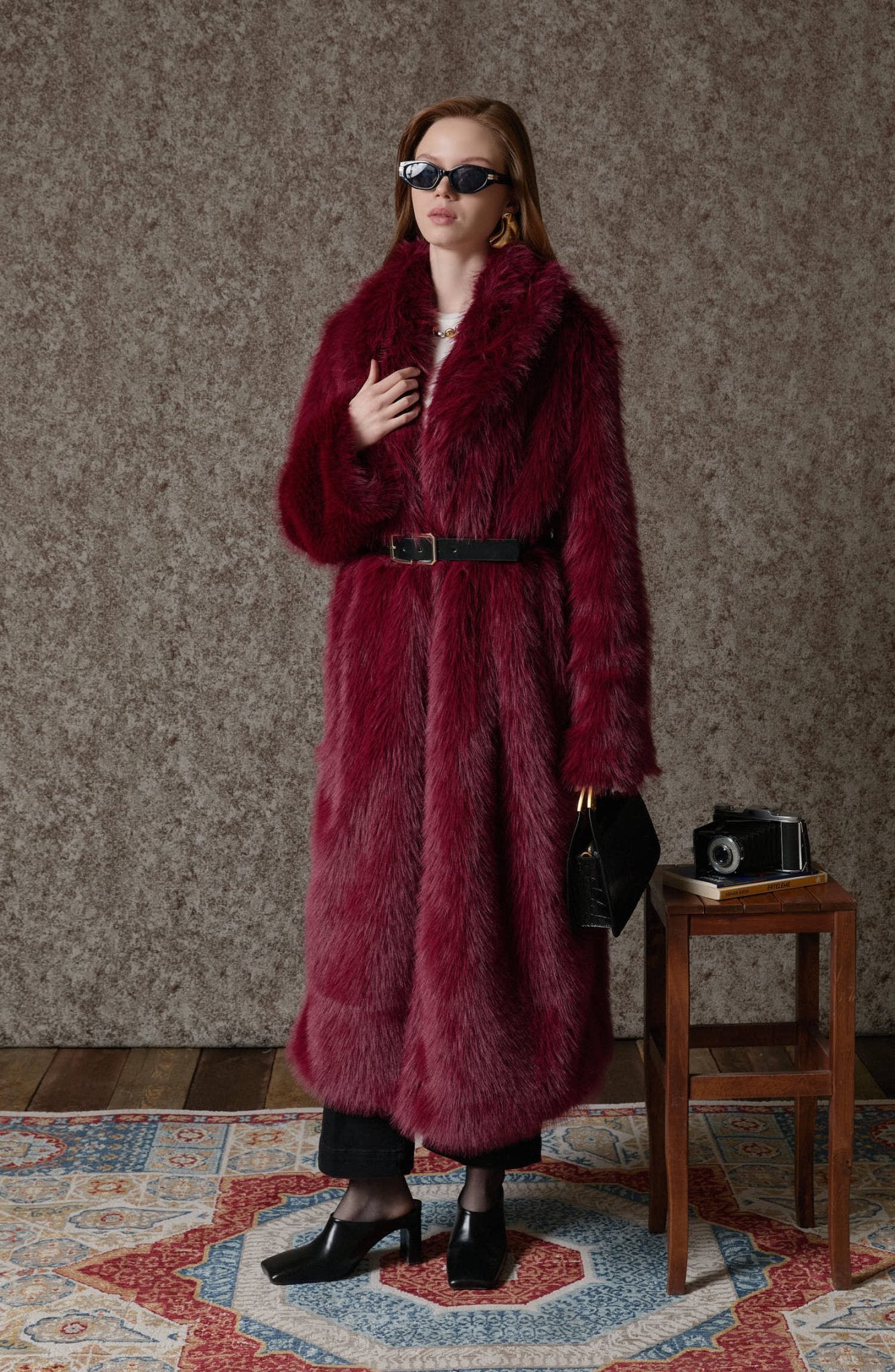 Tüylü Bordo Maksi Kürk Kaban - Fatma Atasoy
