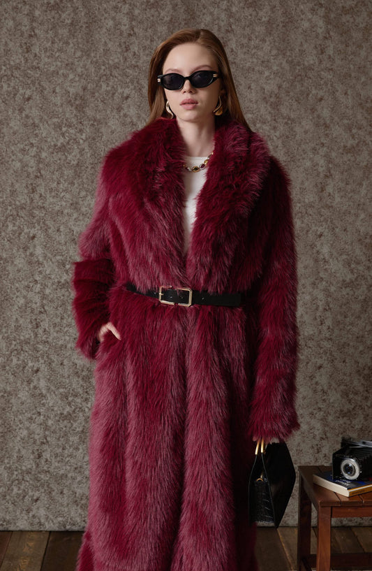 Tüylü Bordo Maksi Kürk Kaban - Fatma Atasoy