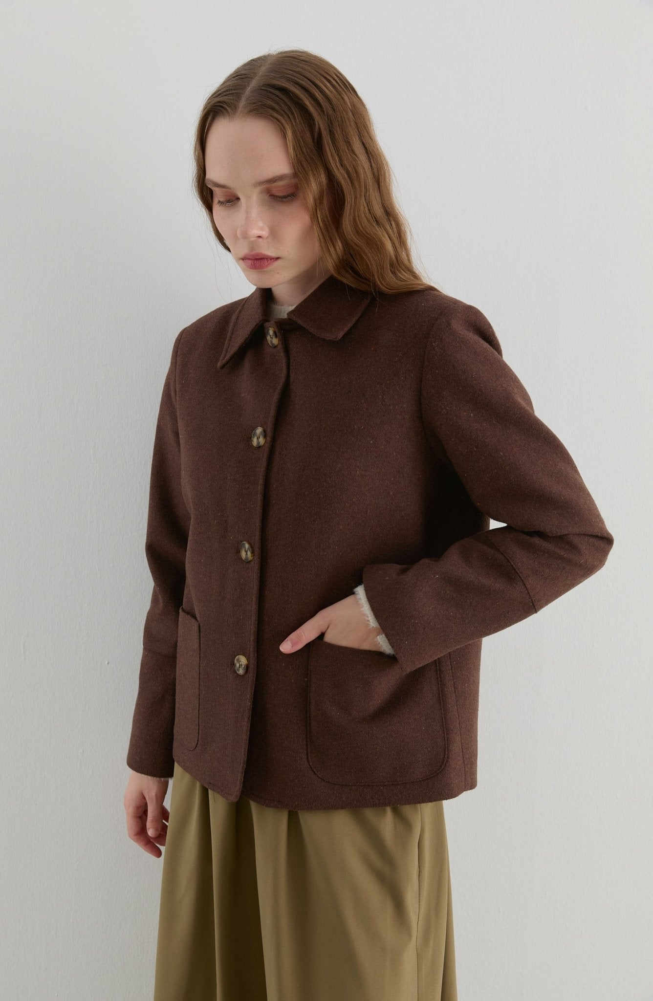 Üçgen Atkılı Çikolata Kahve Kaşe Ceket Kaban - Fatma Atasoy