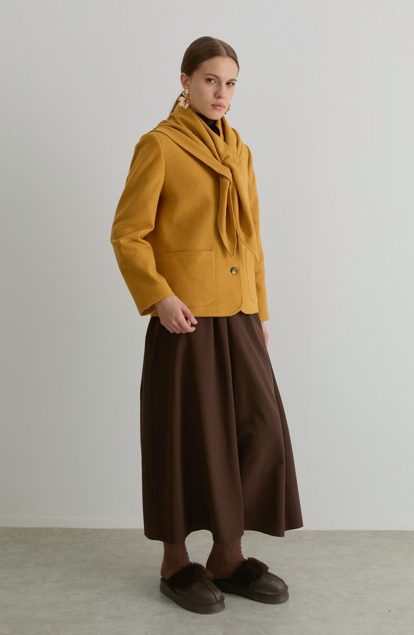 Üçgen Atkılı Sarı Kaşe Ceket Kaban - Fatma Atasoy