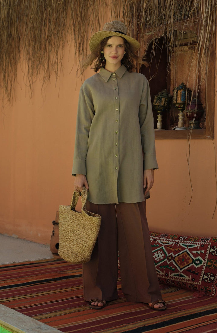 Ütü İzli Kahve Keten Pantolon - Fatma Atasoy