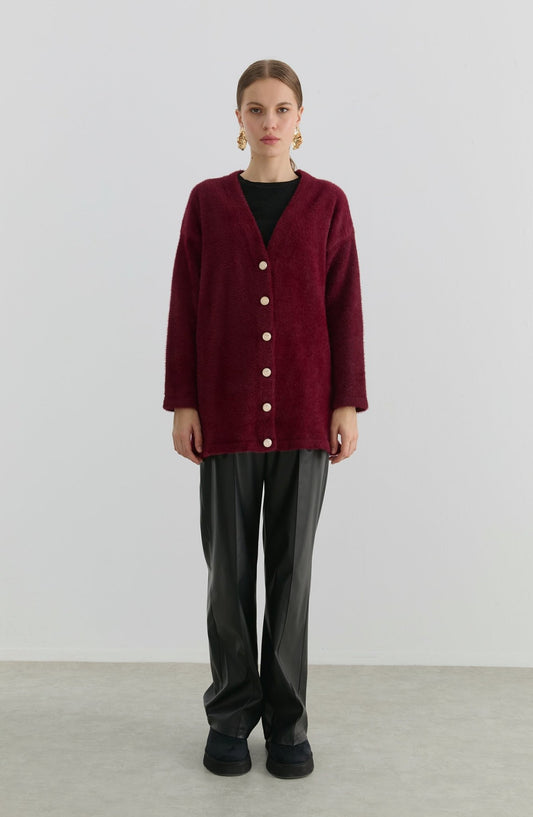 V Yaka Bordo Yumoş Triko Hırka - Fatma Atasoy