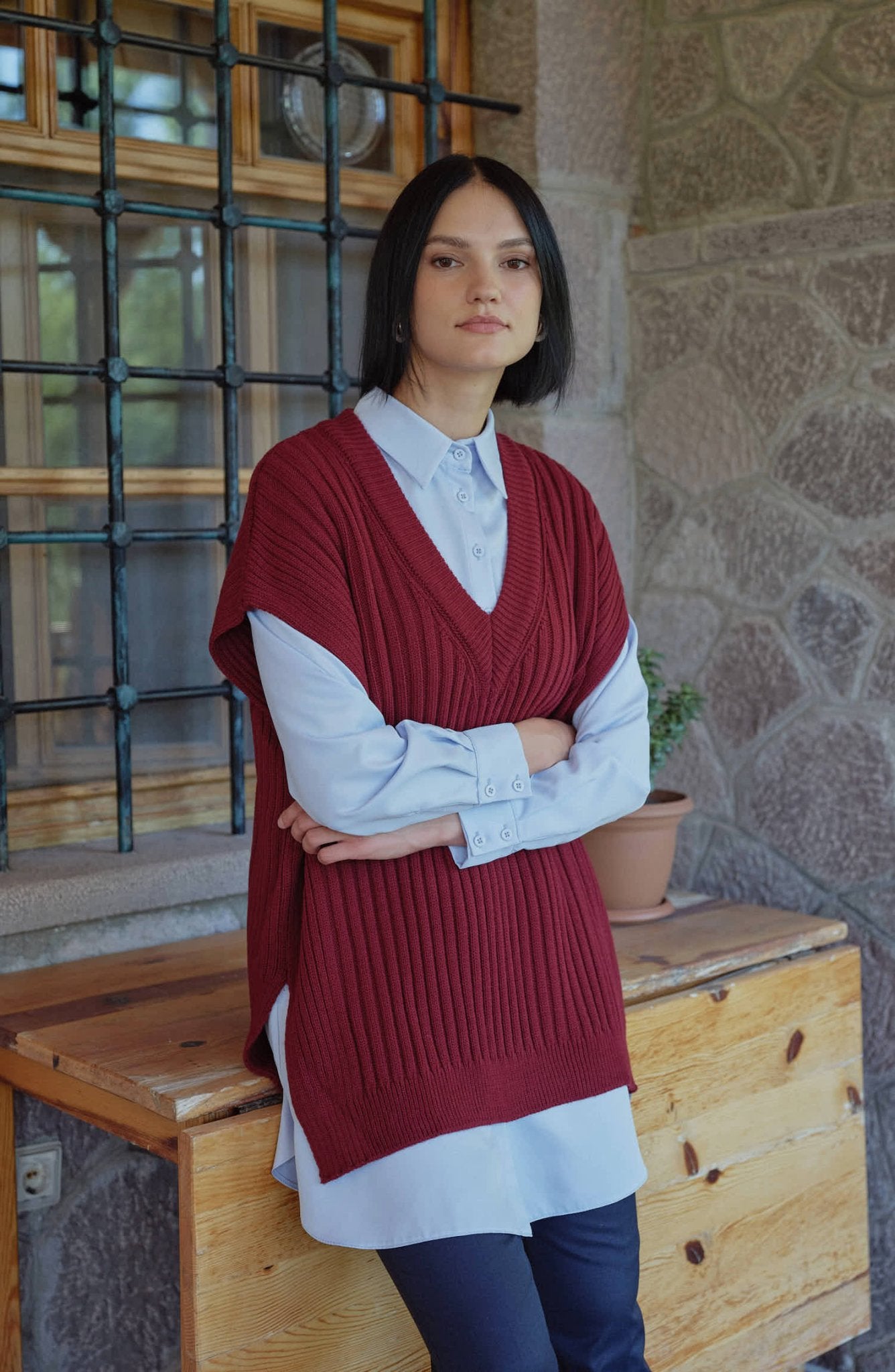 V Yaka Fitilli Bordo Triko Süveter - Fatma Atasoy
