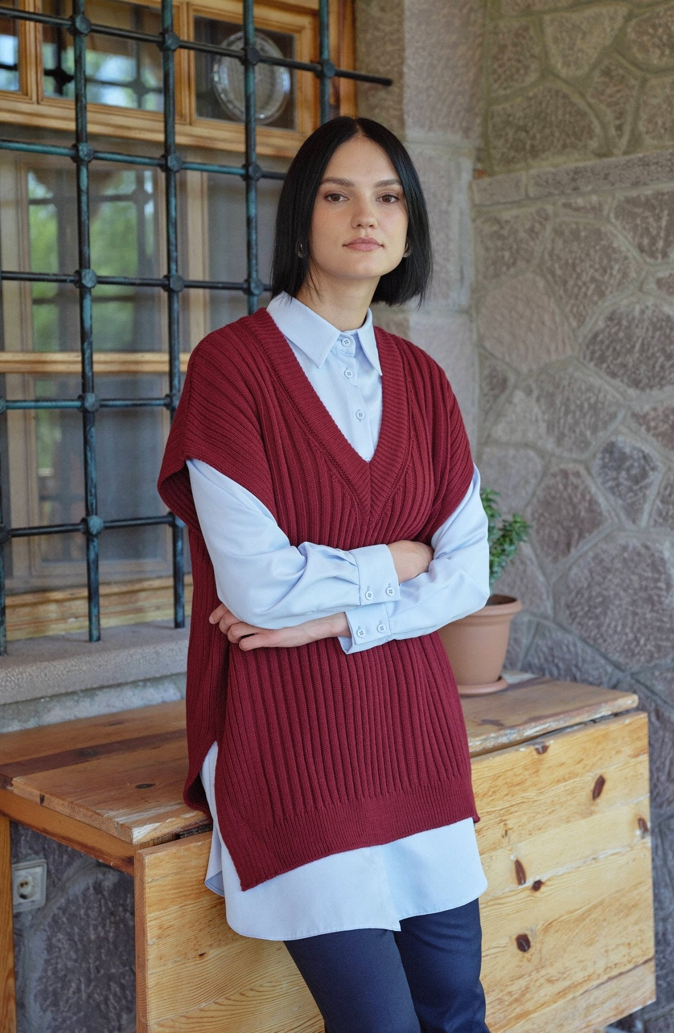 V Yaka Fitilli Bordo Triko Süveter - Fatma Atasoy