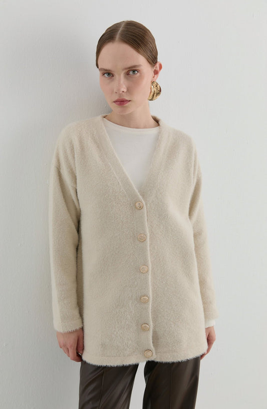 V Yaka Taş Yumoş Triko Hırka - Fatma Atasoy