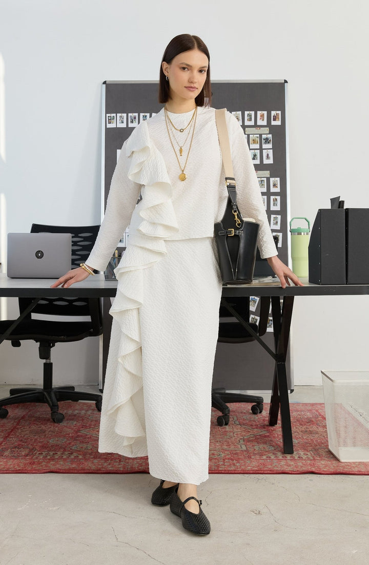 Volanlı Ekru Etek Bluz Takım - Fatma Atasoy