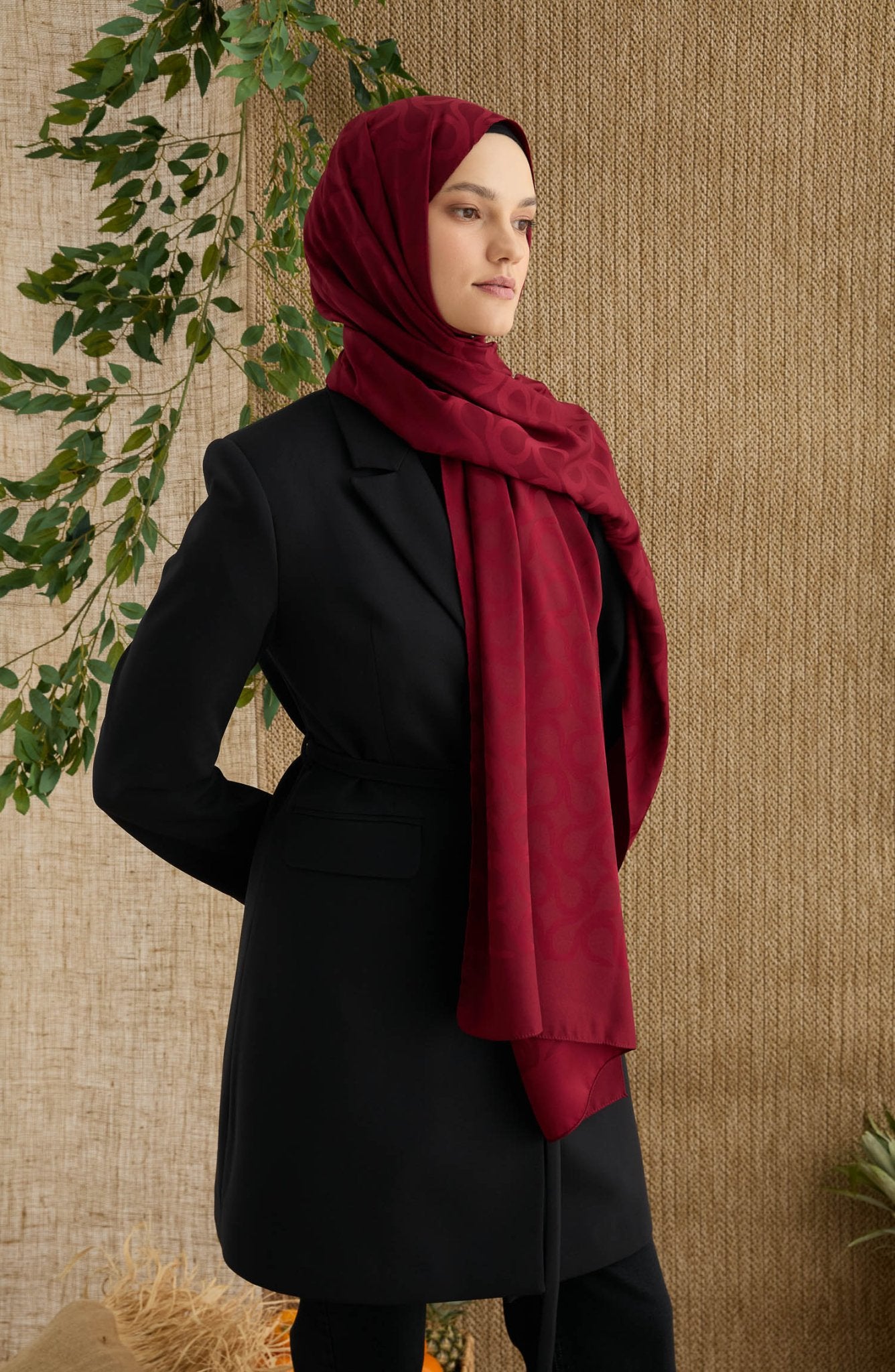 Wave Bordo Jakarlı Şal - Fatma Atasoy