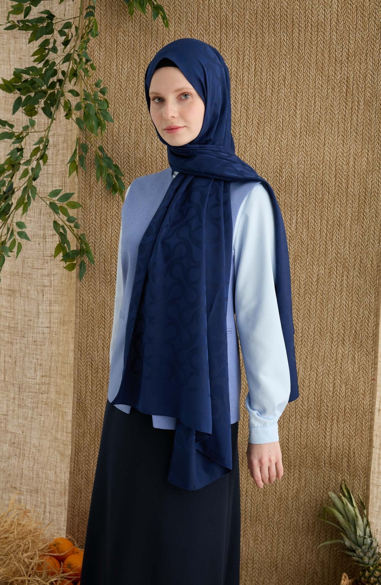 Wave Lacivert Jakarlı Şal - Fatma Atasoy