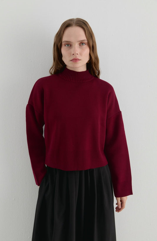 Yarım Balıkçı Bordo Kısa Triko Kazak - Fatma Atasoy