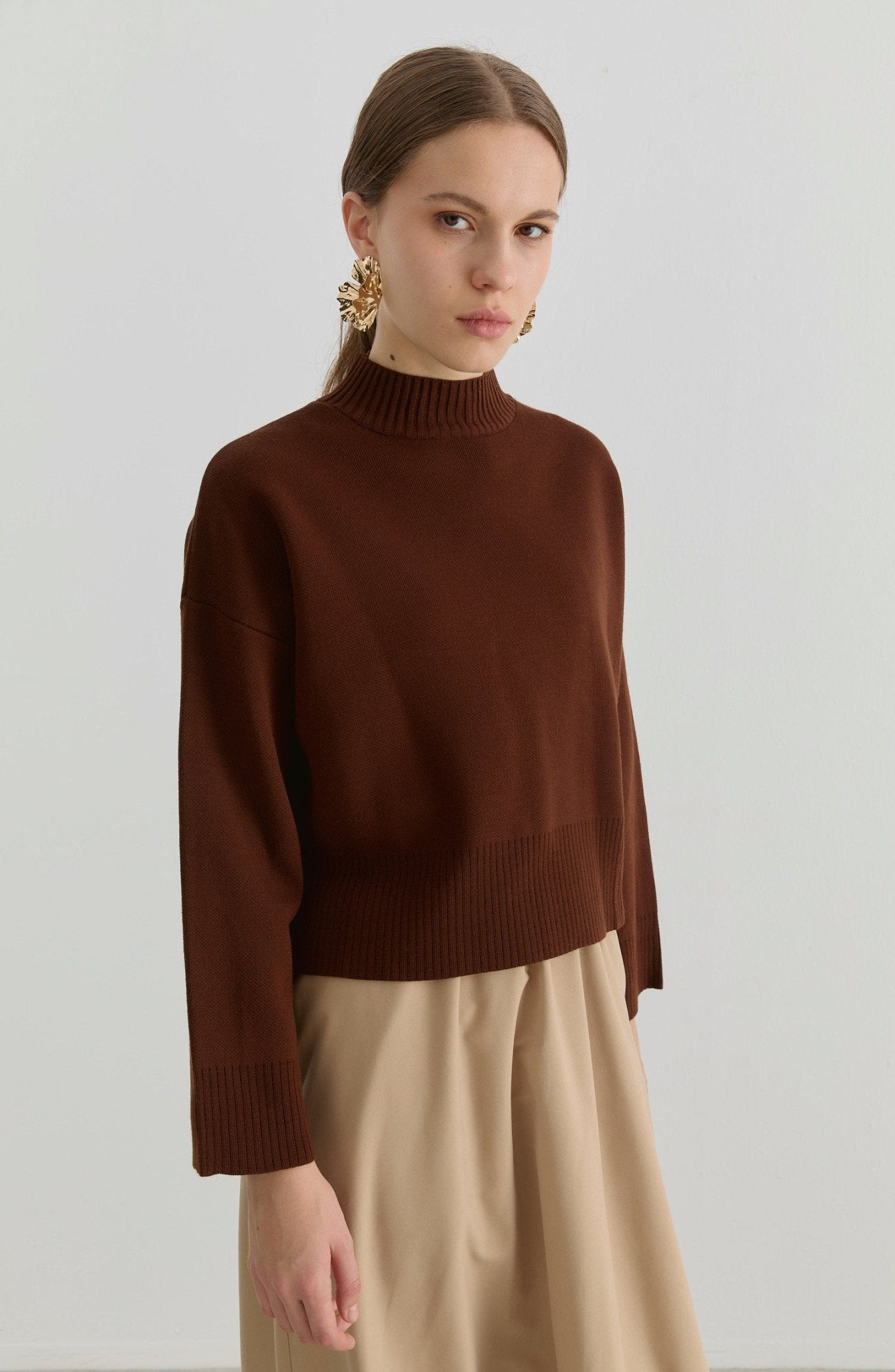 Yarım Balıkçı Kahverengi Kısa Triko Kazak - Fatma Atasoy