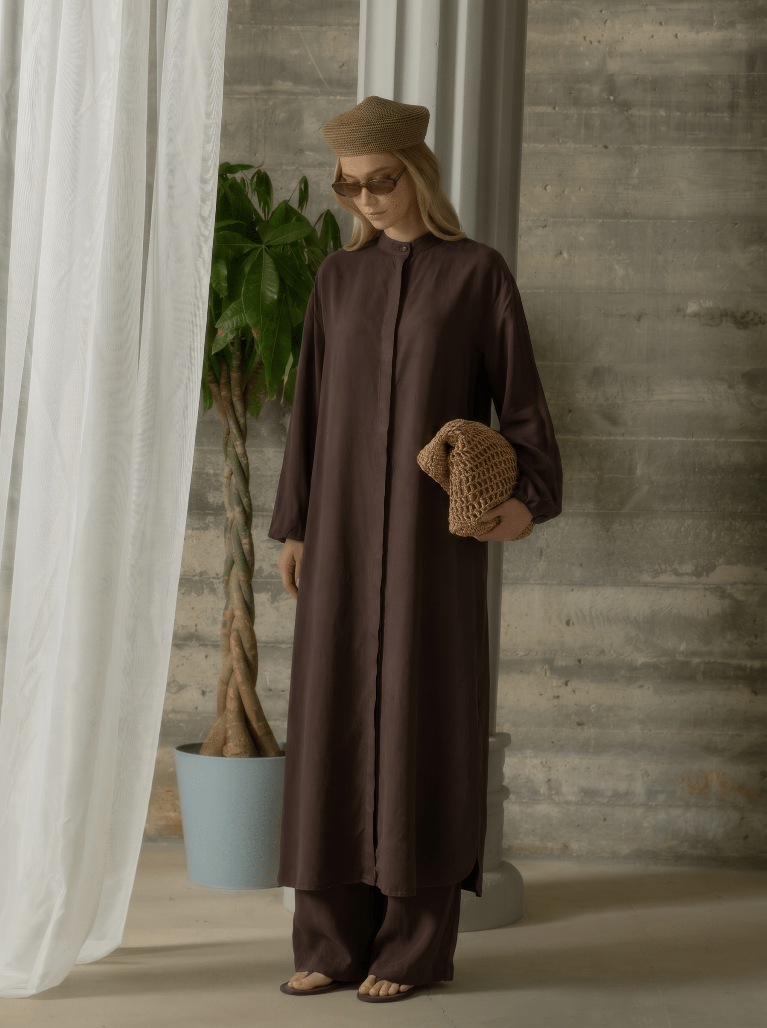 Yırtmaçlı Acı Kahve Soft Touch Viskon Maksi Tunik İkili Takım - Fatma Atasoy