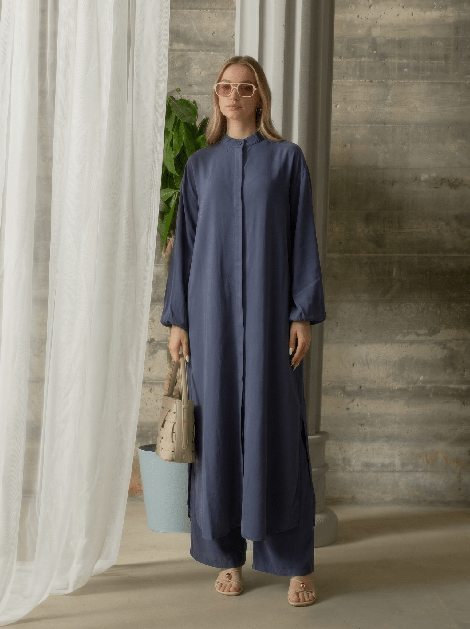 Yırtmaçlı Lacivert Soft Touch Viskon Maksi Tunik İkili Takım - Fatma Atasoy