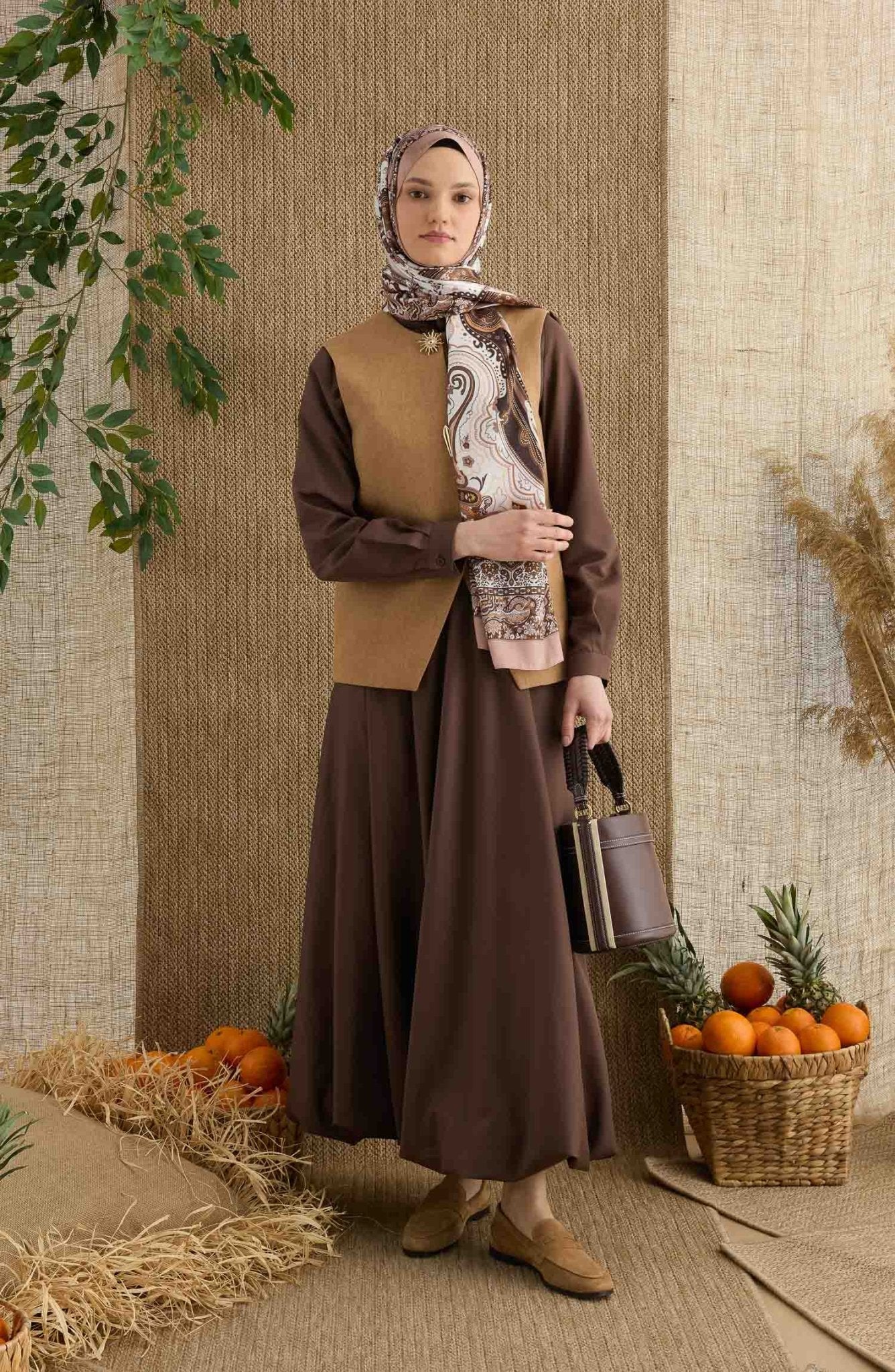 Zenia Soft Kahve Vual İpek Şal - Fatma Atasoy